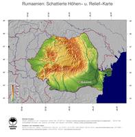 #5 Landkarte Rumaenien: farbkodierte Topographie, schattiertes Relief, Staatsgrenzen und Hauptstadt