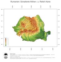 #3 Landkarte Rumaenien: farbkodierte Topographie, schattiertes Relief, Staatsgrenzen und Hauptstadt