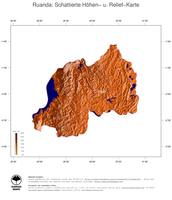 #3 Landkarte Ruanda: farbkodierte Topographie, schattiertes Relief, Staatsgrenzen und Hauptstadt