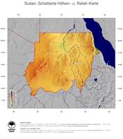 #4 Landkarte Sudan: farbkodierte Topographie, schattiertes Relief, Staatsgrenzen und Hauptstadt