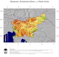 #5 Landkarte Slowenien: farbkodierte Topographie, schattiertes Relief, Staatsgrenzen und Hauptstadt