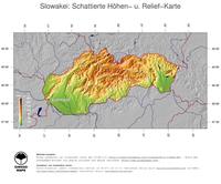 #5 Landkarte Slowakei: farbkodierte Topographie, schattiertes Relief, Staatsgrenzen und Hauptstadt