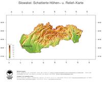 #3 Landkarte Slowakei: farbkodierte Topographie, schattiertes Relief, Staatsgrenzen und Hauptstadt