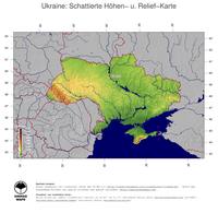 #5 Landkarte Ukraine: farbkodierte Topographie, schattiertes Relief, Staatsgrenzen und Hauptstadt