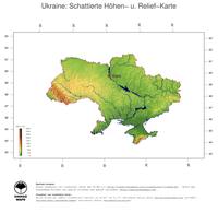 #3 Landkarte Ukraine: farbkodierte Topographie, schattiertes Relief, Staatsgrenzen und Hauptstadt