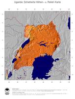 #5 Landkarte Uganda: farbkodierte Topographie, schattiertes Relief, Staatsgrenzen und Hauptstadt