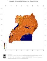 #3 Landkarte Uganda: farbkodierte Topographie, schattiertes Relief, Staatsgrenzen und Hauptstadt