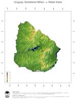 #3 Landkarte Uruguay: farbkodierte Topographie, schattiertes Relief, Staatsgrenzen und Hauptstadt