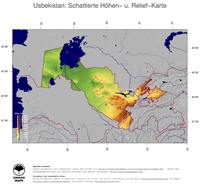 #5 Landkarte Usbekistan: farbkodierte Topographie, schattiertes Relief, Staatsgrenzen und Hauptstadt