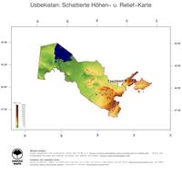 #3 Landkarte Usbekistan: farbkodierte Topographie, schattiertes Relief, Staatsgrenzen und Hauptstadt