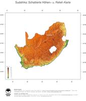 #3 Landkarte Suedafrika: farbkodierte Topographie, schattiertes Relief, Staatsgrenzen und Hauptstadt