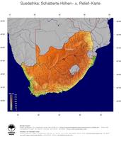 #5 Landkarte Suedafrika: farbkodierte Topographie, schattiertes Relief, Staatsgrenzen und Hauptstadt