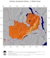 #5 Landkarte Sambia: farbkodierte Topographie, schattiertes Relief, Staatsgrenzen und Hauptstadt