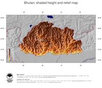 #5 Map Bhutan: color-coded topography, shaded relief, country borders and capital
