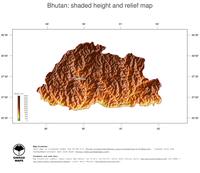 #3 Map Bhutan: color-coded topography, shaded relief, country borders and capital