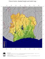 #5 Map Cote d Ivoire: color-coded topography, shaded relief, country borders and capital