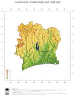 #3 Map Cote d Ivoire: color-coded topography, shaded relief, country borders and capital