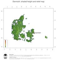 #3 Map Denmark: color-coded topography, shaded relief, country borders and capital