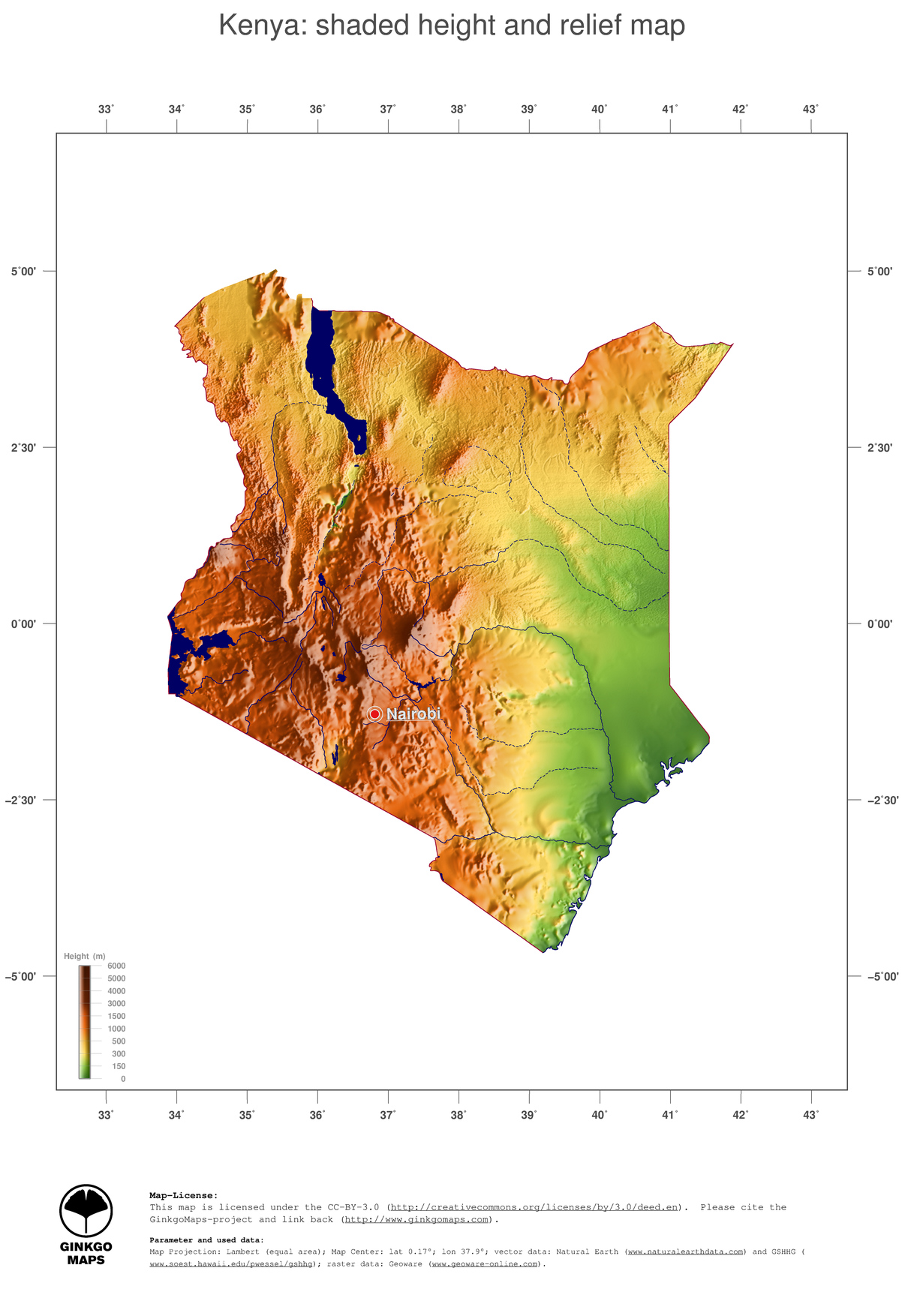 3 map kenya color coded topography shaded relief country borders and