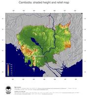 #5 Map Cambodia: color-coded topography, shaded relief, country borders and capital