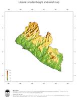 #3 Map Liberia: color-coded topography, shaded relief, country borders and capital