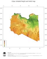 #3 Map Libya: color-coded topography, shaded relief, country borders and capital