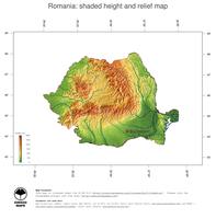 #3 Map Romania: color-coded topography, shaded relief, country borders and capital