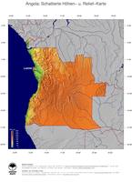 #5 Landkarte Angola: farbkodierte Topographie, schattiertes Relief, Staatsgrenzen und Hauptstadt