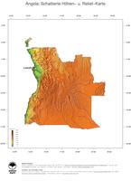 #3 Landkarte Angola: farbkodierte Topographie, schattiertes Relief, Staatsgrenzen und Hauptstadt