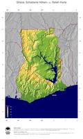 #5 Landkarte Ghana: farbkodierte Topographie, schattiertes Relief, Staatsgrenzen und Hauptstadt