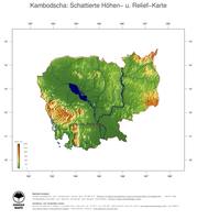 #3 Landkarte Kambodscha: farbkodierte Topographie, schattiertes Relief, Staatsgrenzen und Hauptstadt
