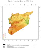 #3 Landkarte Syrien: farbkodierte Topographie, schattiertes Relief, Staatsgrenzen und Hauptstadt