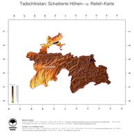 #3 Landkarte Tadschikistan: farbkodierte Topographie, schattiertes Relief, Staatsgrenzen und Hauptstadt