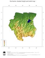#3 Map Suriname: color-coded topography, shaded relief, country borders and capital
